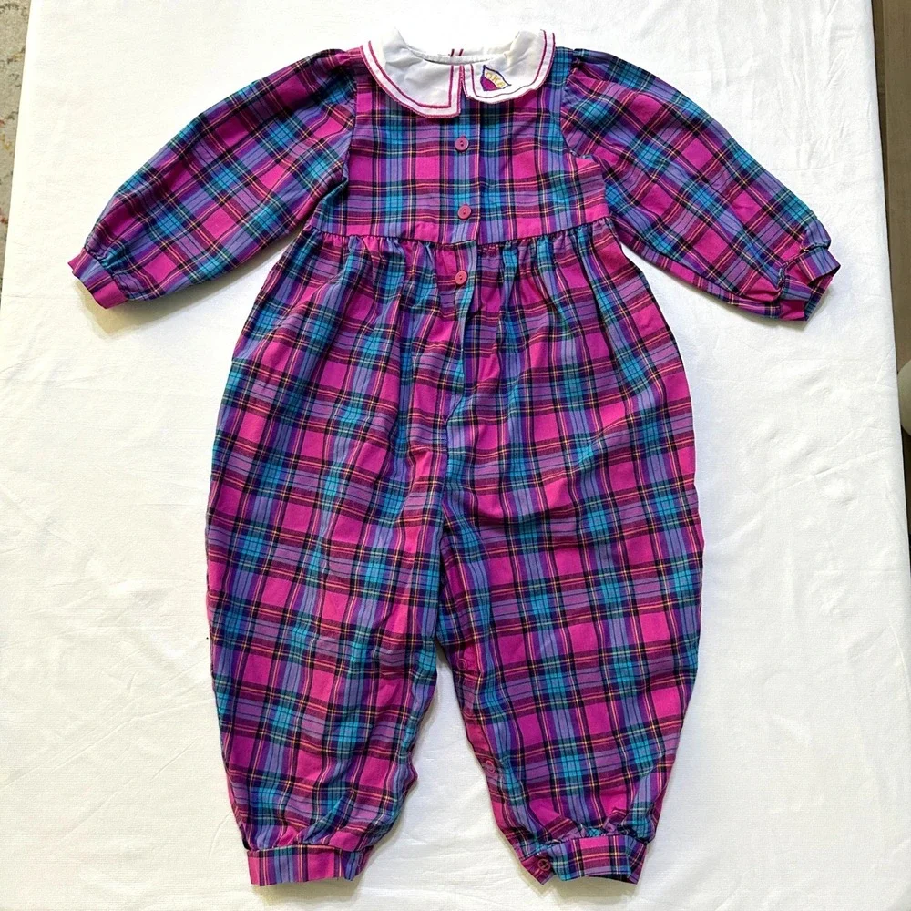 Vintage OshKosh B'gosh Baby Girl Plaid Romper 24M Pink 90s Made in USA Jumpsuit